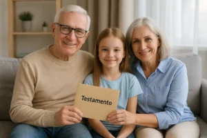 Familia feliz mostrando testamento en Chile