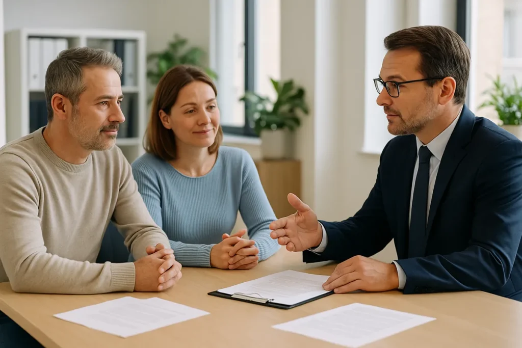 Abogado asesorando a herederos sobre posesión efectiva testada en Chile en una oficina profesional.