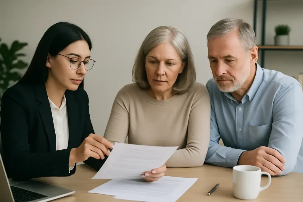 Pareja adulta revisa documentos legales con abogada especialista en posesión efectiva intestada